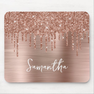 Dripping Rose Gold Glitter Glam Name Mouse Pad