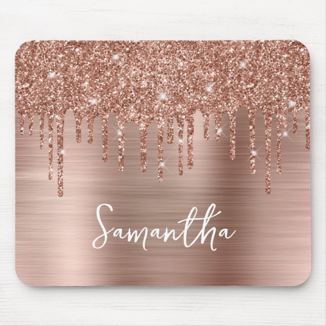 Dripping Rose Gold Glitter Glam Name Mouse Pad (Front)