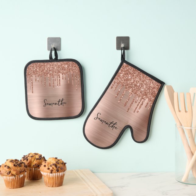 Dripping Rose Gold Glitter Glam Name Oven Mitt & Pot Holder Set (Insitu(Hanging))