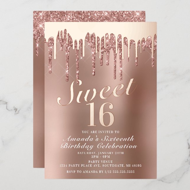Dripping Rose Gold Sweet 16 Birthday Real (Front/Back)