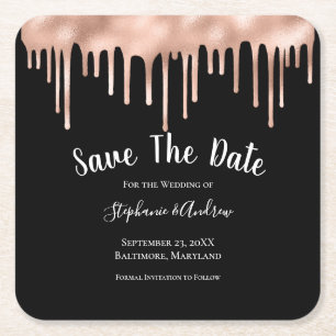 Dripping Rose Gold Trendy Wedding Save The Date Square Paper Coaster