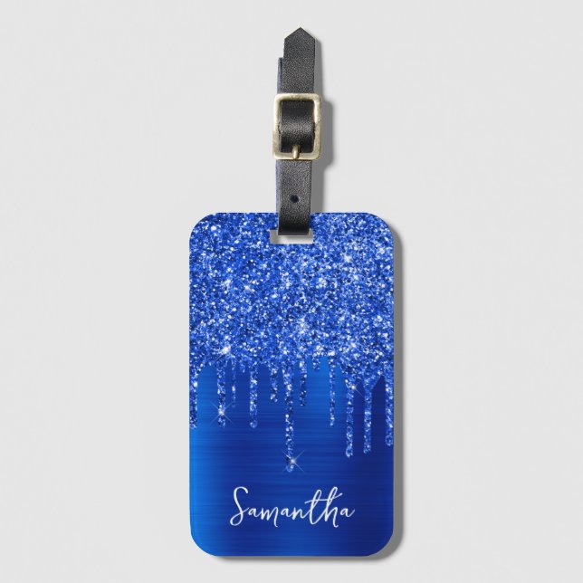 Dripping Royal Blue Glitter Glam Name Luggage Tag (Front Vertical)