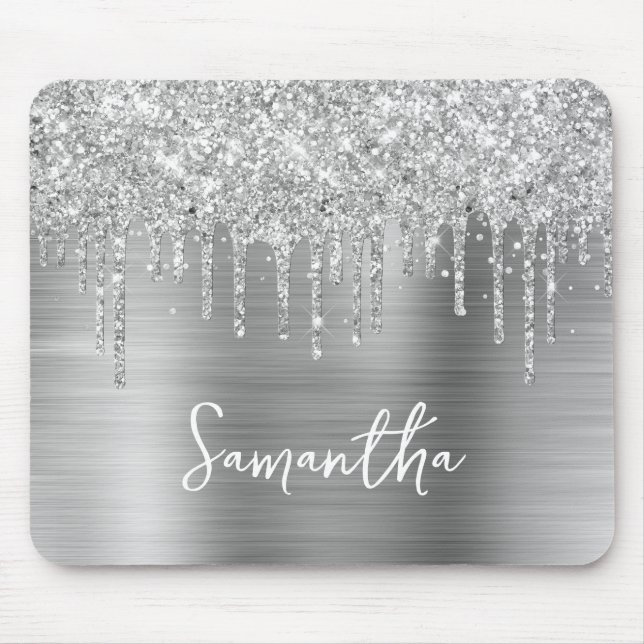 Dripping Silver Glitter Glam Mouse Pad (Front)