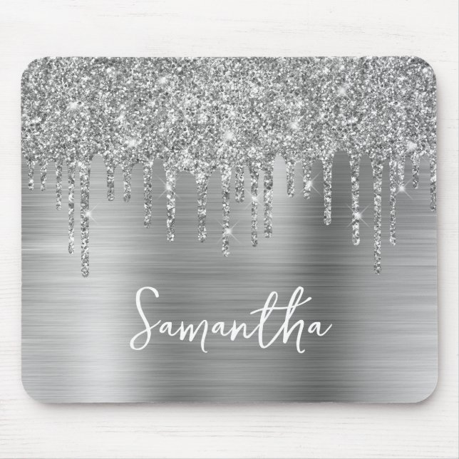 Dripping Silver Glitter Glam Name Mouse Pad (Front)