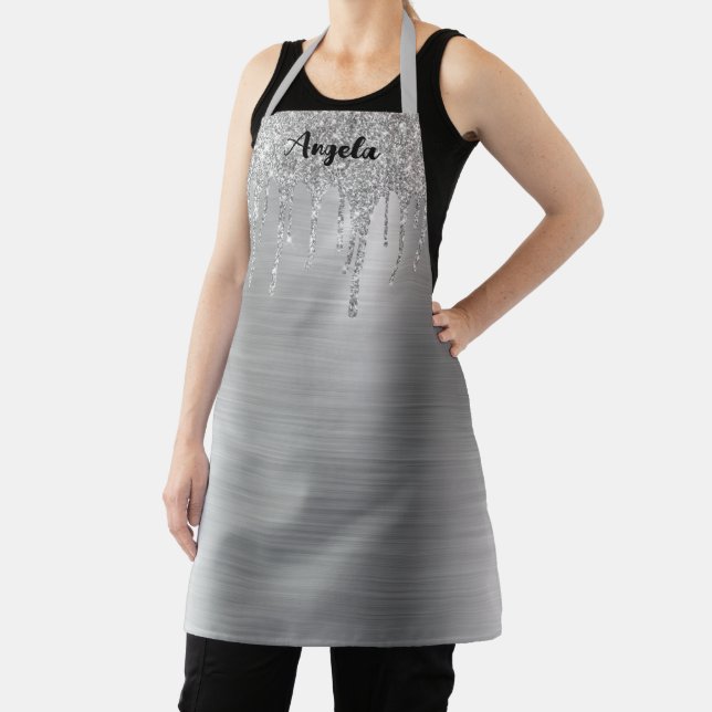 Dripping Silver Glitter Glam Personalized M Apron (Insitu)