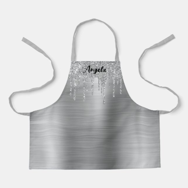 Dripping Silver Glitter Glam Personalized S Apron (Front)