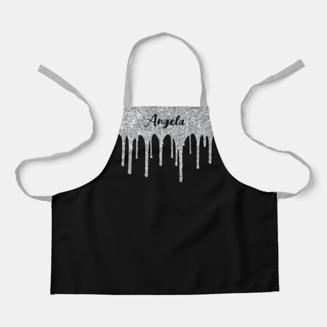 Dripping Silver Glitter Glam Personalized S Apron (Front)