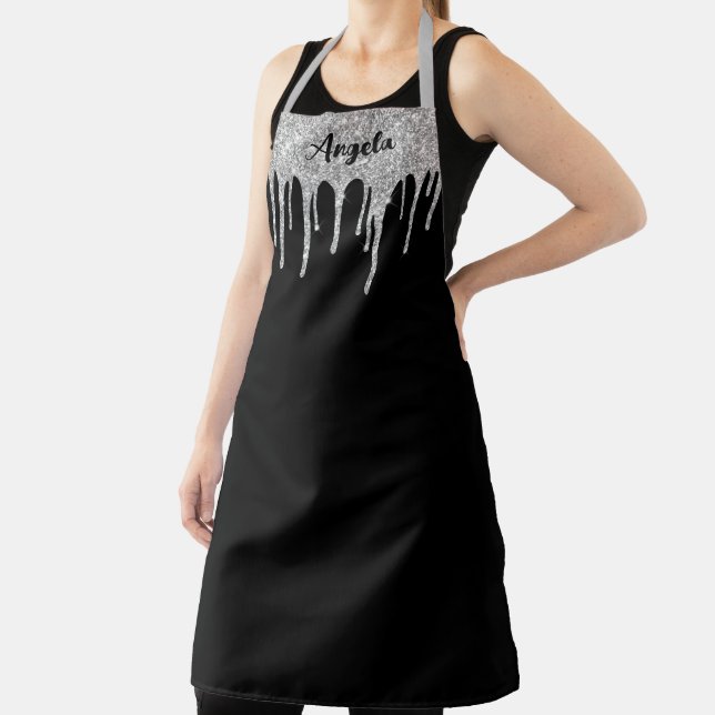Dripping Silver Glitter Personalized Black L Apron (Insitu)