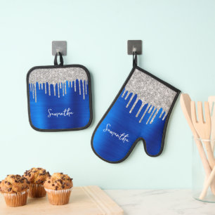 Dripping Silver Glitter Royal Blue Glam Name Oven Mitt & Pot Holder Set