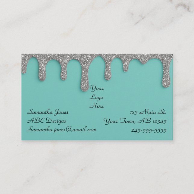 Dripping Silver Glitter & Turquoise Business Card (Front)