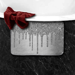 Dripping Silvery Glitter   Platinum Faux Metallic Bath Mat