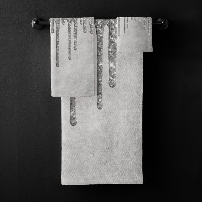 Dripping Silvery Glitter | Platinum Faux Metallic Bath Towel Set (Creator Uploaded)