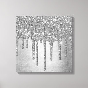 Dripping Silvery Glitter   Platinum Faux Metallic Canvas Print