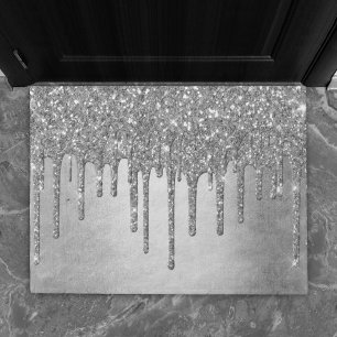 Dripping Silvery Glitter Platinum Faux Metallic Doormat