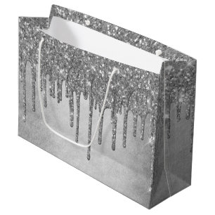 Dripping Silvery Glitter   Platinum Faux Metallic Large Gift Bag