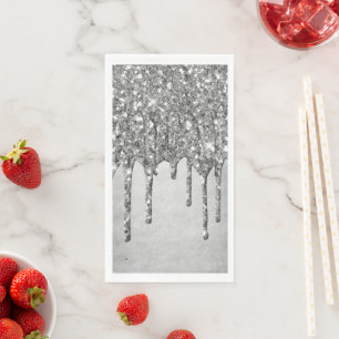 Dripping Silvery Glitter   Platinum Faux Metallic Napkin