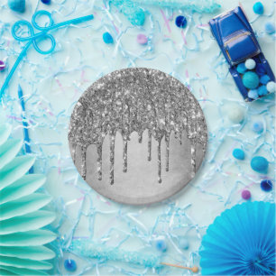 Dripping Silvery Glitter Platinum Faux Metallic Paper Plate