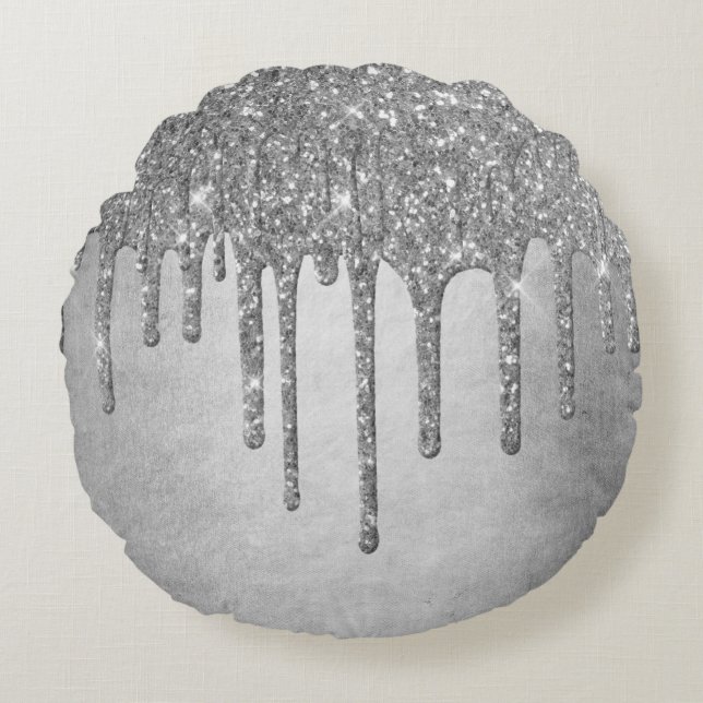 Dripping Silvery Glitter | Platinum Faux Metallic Round Pillow (Front)