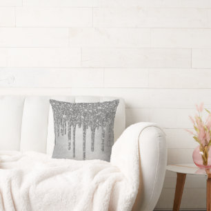Dripping Silvery Glitter   Platinum Faux Metallic Throw Pillow