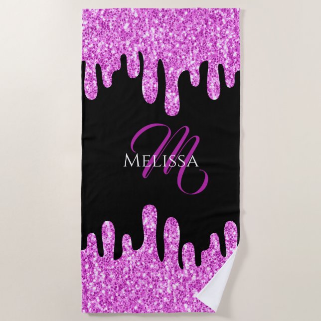 Dripping Sparkles Glitter Pink Black Monogram Beach Towel (Front)