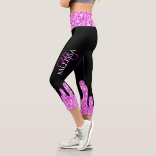 Dripping Sparkles Glitter Pink Black Monogram Capri Leggings