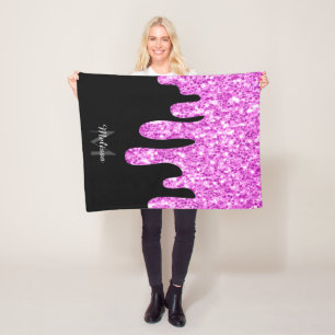Dripping Sparkles Glitter Pink Black Monogram Fleece Blanket