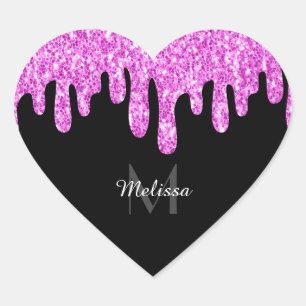 Dripping Sparkles Glitter Pink Black Monogram Heart Sticker