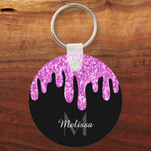 Dripping Sparkles Glitter Pink Black Monogram Keychain