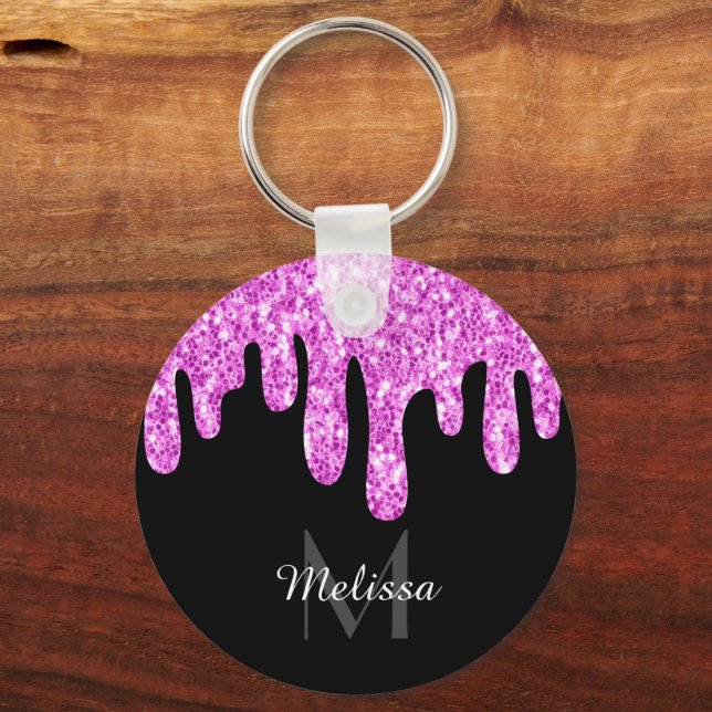 Dripping Sparkles Glitter Pink Black Monogram Keychain (Front)