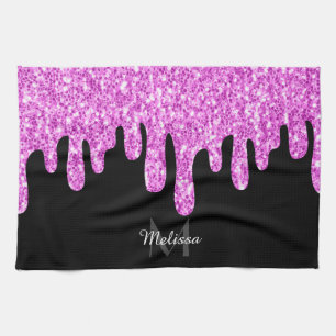 Dripping Sparkles Glitter Pink Black Monogram Kitchen Towel