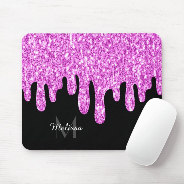 Dripping Sparkles Glitter Pink Black Monogram Mouse Pad (With Mouse)