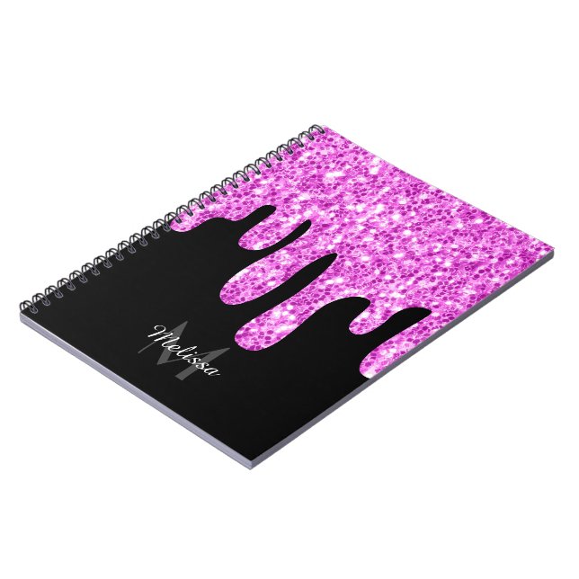 Dripping Sparkles Glitter Pink Black Monogram Notebook (Left Side)