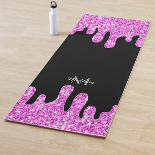 Dripping Sparkles Glitter Pink Black Monogram Yoga Mat