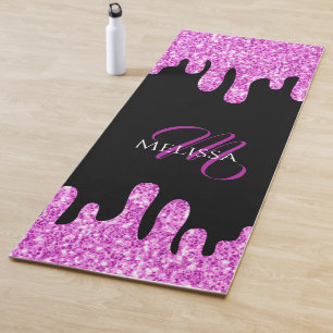 Dripping Sparkles Glitter Pink Black Monogram Yoga Mat