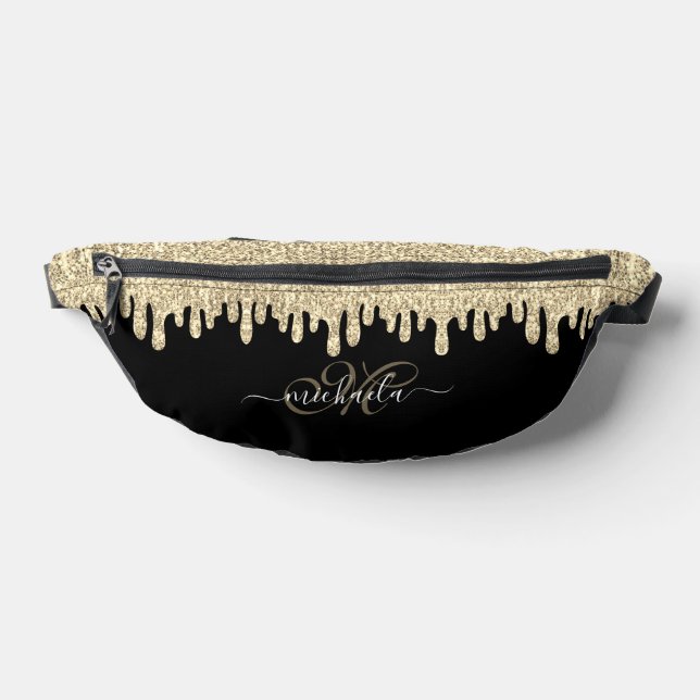 Dripping sparkles gold and black elegant Monogram Fanny Pack (Lay Down)