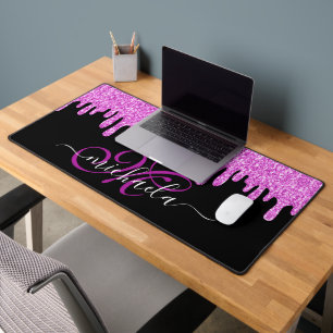Dripping sparkles pink lavender and black Monogram Desk Mat