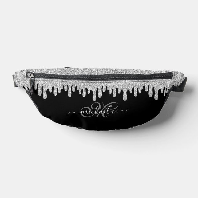 Dripping sparkles silver grey and black Monogram Fanny Pack (Lay Down)