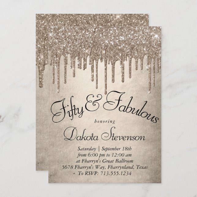 Dripping Taupe Glitter | Champagne 50 and Fabulous Invitation (Front/Back)