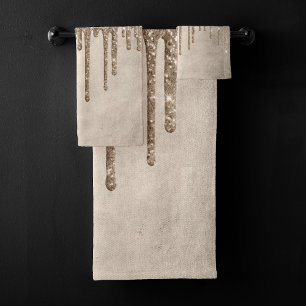 Dripping Taupe Glitter   Champagne Gold Drizzle Bath Towel Set