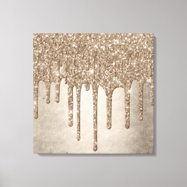 Dripping Taupe Glitter | Champagne Gold Drizzle Canvas Print (Front)