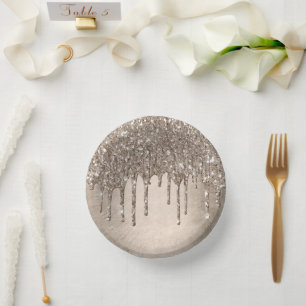 Dripping Taupe Glitter   Champagne Gold Drizzle Paper Plate