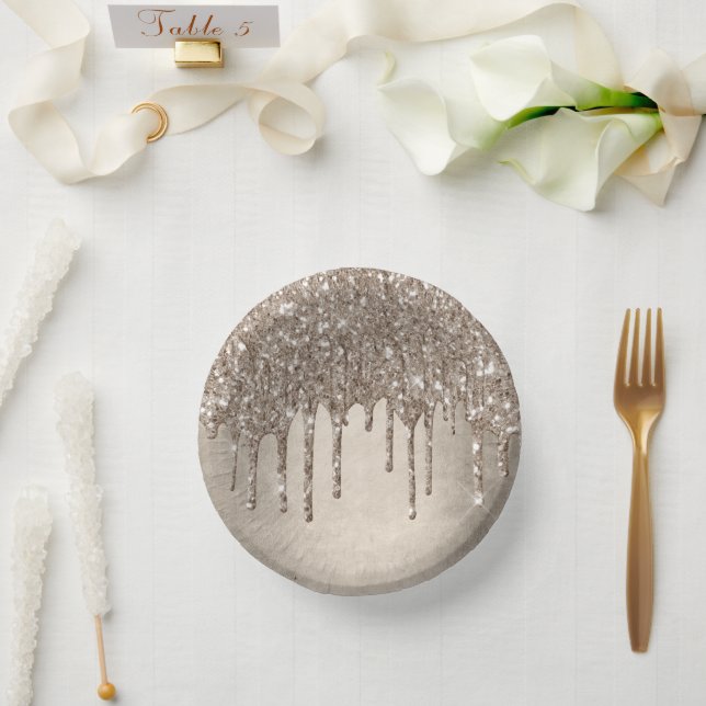Dripping Taupe Glitter | Champagne Gold Drizzle Paper Plate (Wedding)