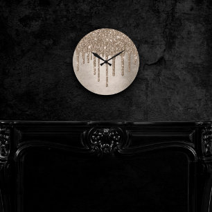 Dripping Taupe Glitter   Champagne Gold Drizzle Round Clock