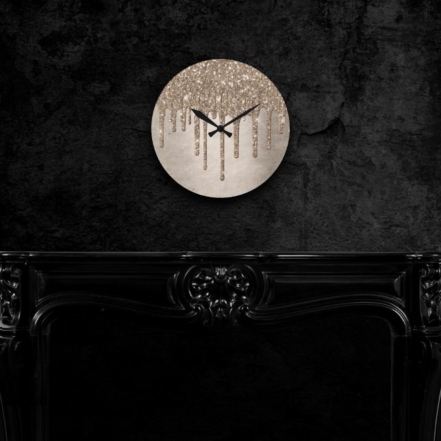 Dripping Taupe Glitter | Champagne Gold Drizzle Round Clock (Creator Uploaded)