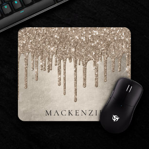 Dripping Taupe Glitter Champagne Gold Monogram Mouse Pad