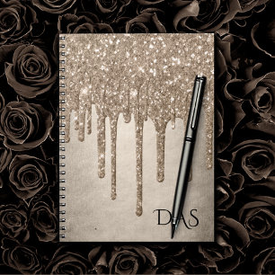 Dripping Taupe Glitter Champagne Gold Monogram Notebook