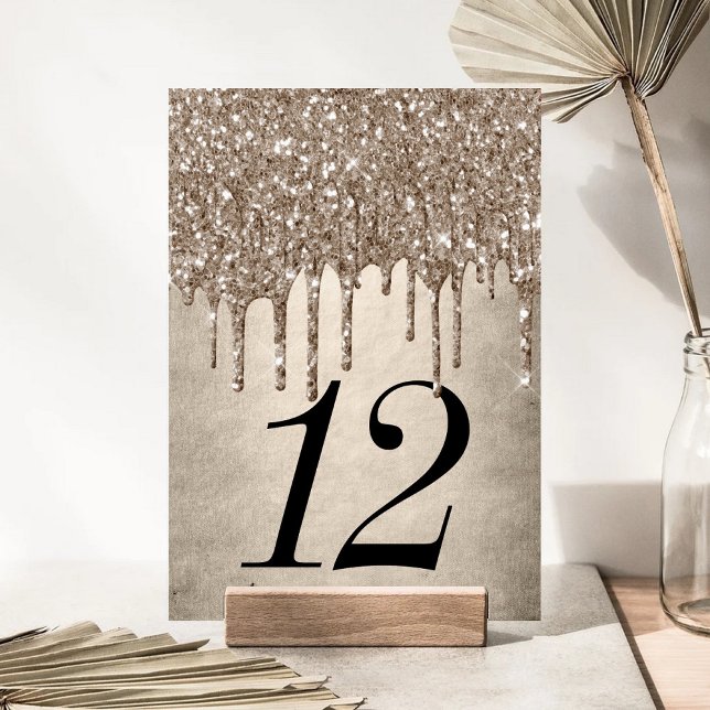 Dripping Taupe Glitter | Champagne Gold Shower Table Number (Creator Uploaded)