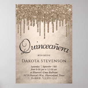 Dripping Taupe Glitter   Champagne Quinceanera Poster