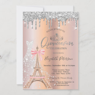  Drips Diamond Dress Eiffel Tower Bow Quinceañera  Invitation