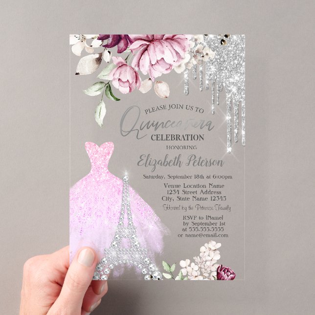 Drips,Dress,Eiffel Tower Lilac Roses Quinceañera Acrylic Invitations (Insitu (Handheld))